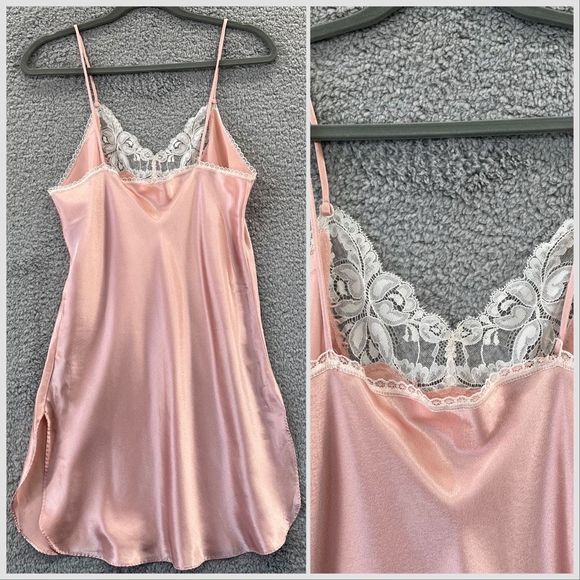 Vintage Light Pink Satin Slip Dress Lace Spaghetti Straps Size Small Coquette - Picture 2 of 9